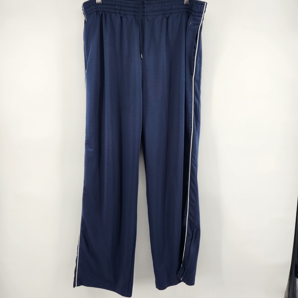 Reebok Mens XL Navy Blue Track Pants White Side Stripe Zipper Ankle Mesh